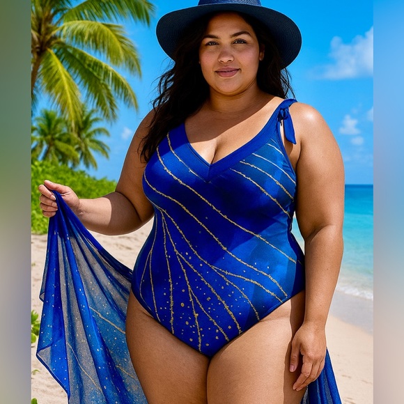 NEW Swimsuit + Sarong  Set,  blue and gold - #SW-SAR-0004 - Picture 4 of 14